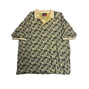 Vintage Mens L Geometric Print Short Sleeve Golf Polo Shirt Khaki Green